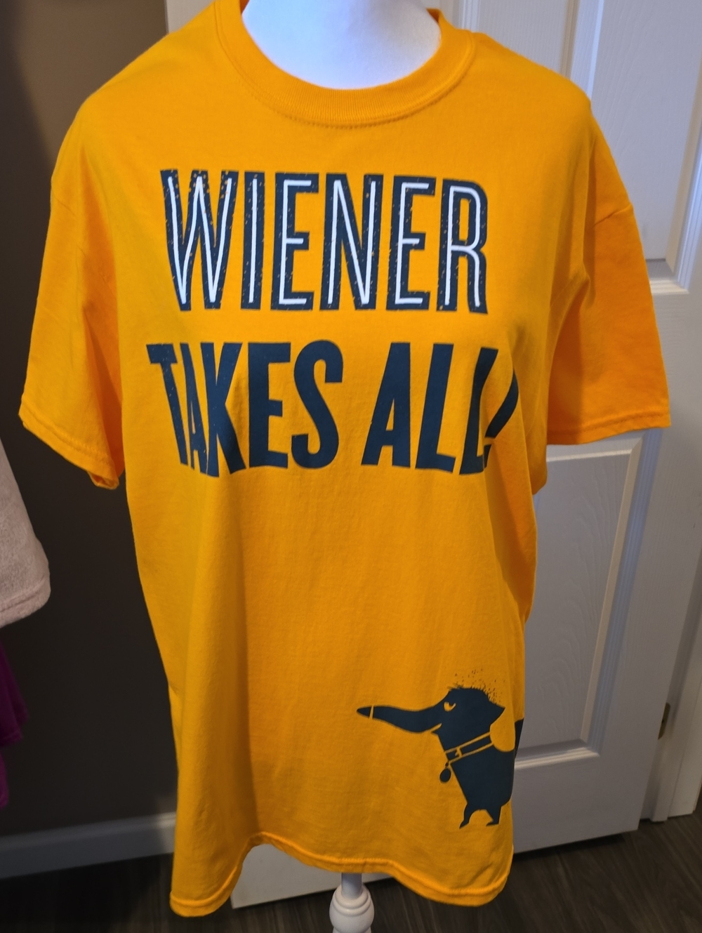 Universal Yellow-Orange Graphic Tee with Navy Print